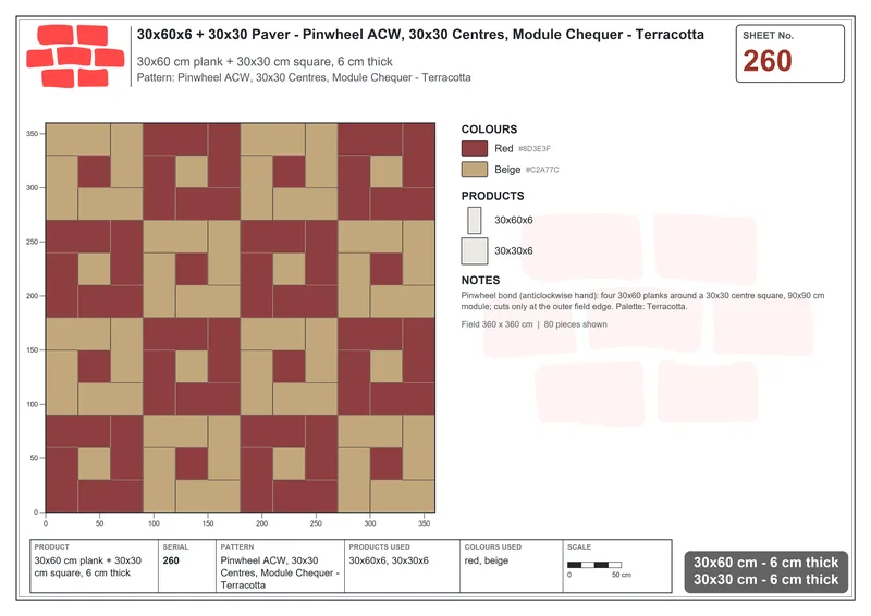 Interlock (Pasco) 30x60 cm · RC36-260 · Pinwheel ACW, 30x30 Centres, Module Chequer - Terracotta · Laying plan Interlock (Pasco) 30x60 cm · RC36-260 · Pinwheel ACW, 30x30 Centres, Module Chequer - Terracotta · Laying plan