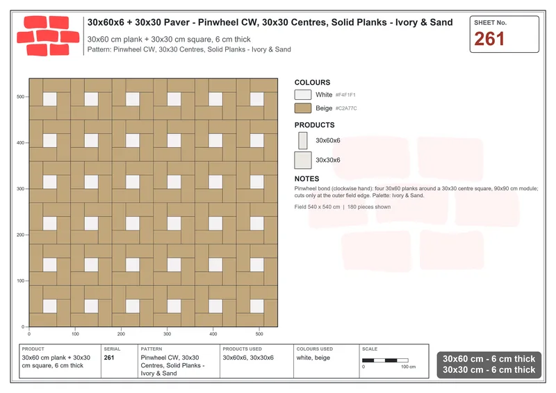 Interlock (Pasco) 30x60 cm · RC36-261 · Pinwheel CW, 30x30 Centres, Solid Planks - Ivory & Sand · Laying plan Interlock (Pasco) 30x60 cm · RC36-261 · Pinwheel CW, 30x30 Centres, Solid Planks - Ivory & Sand · Laying plan