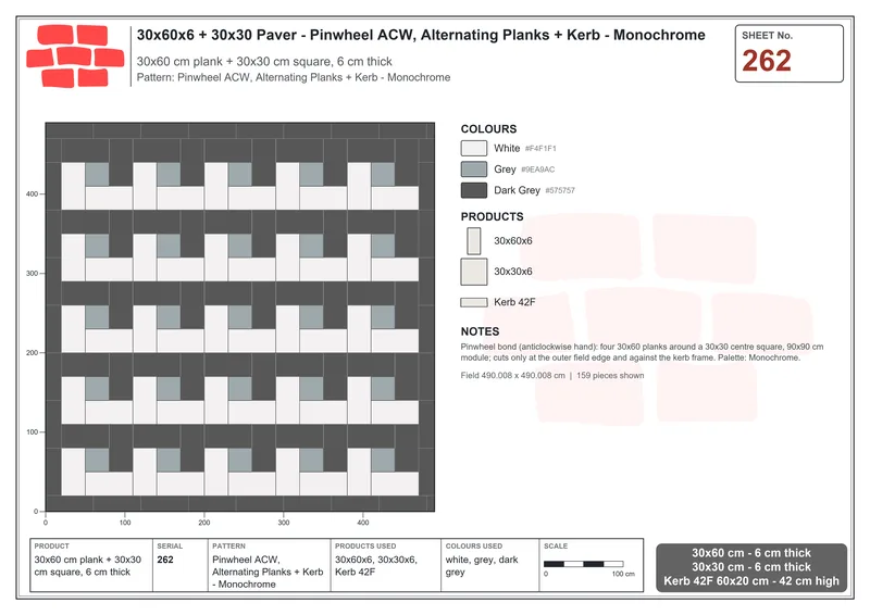 Interlock (Pasco) 30x60 cm · RC36-262 · Pinwheel ACW, Alternating Planks + Kerb - Monochrome · Laying plan Interlock (Pasco) 30x60 cm · RC36-262 · Pinwheel ACW, Alternating Planks + Kerb - Monochrome · Laying plan