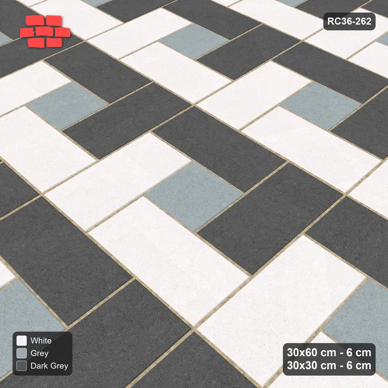 Interlock (Pasco) 30x60 cm · RC36-262 · Pinwheel ACW, Alternating Planks + Kerb - Monochrome · Side view