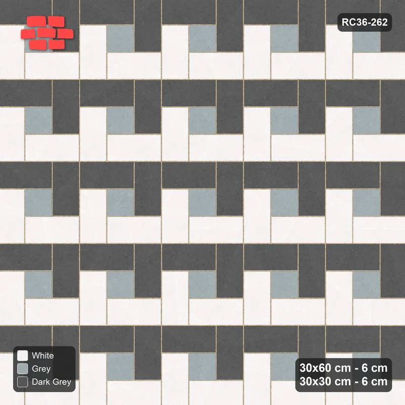 Interlock (Pasco) 30x60 cm · RC36-262 · Pinwheel ACW, Alternating Planks + Kerb - Monochrome · Top view