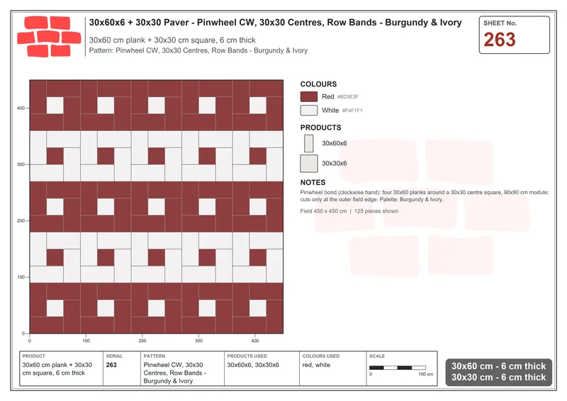 Interlock (Pasco) 30x60 cm · RC36-263 · Pinwheel CW, 30x30 Centres, Row Bands - Burgundy & Ivory · Laying plan Interlock (Pasco) 30x60 cm · RC36-263 · Pinwheel CW, 30x30 Centres, Row Bands - Burgundy & Ivory · Laying plan