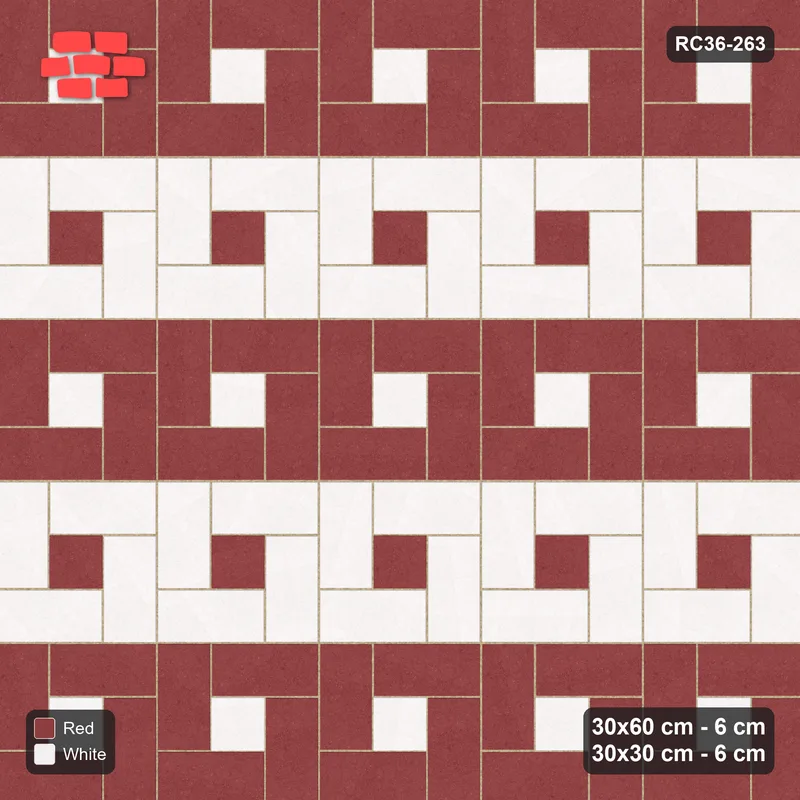 Interlock (Pasco) 30x60 cm · RC36-263 · Pinwheel CW, 30x30 Centres, Row Bands - Burgundy & Ivory · Top view