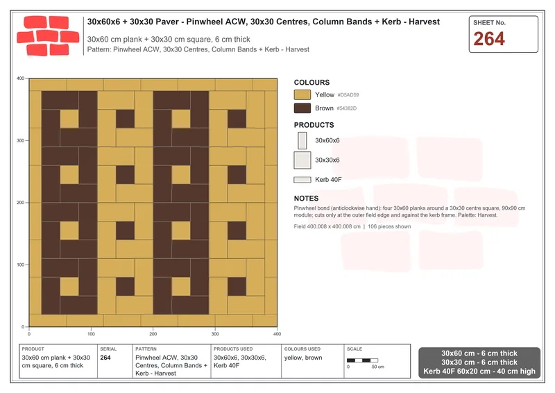 Interlock (Pasco) 30x60 cm · RC36-264 · Pinwheel ACW, 30x30 Centres, Column Bands + Kerb - Harvest · Laying plan Interlock (Pasco) 30x60 cm · RC36-264 · Pinwheel ACW, 30x30 Centres, Column Bands + Kerb - Harvest · Laying plan