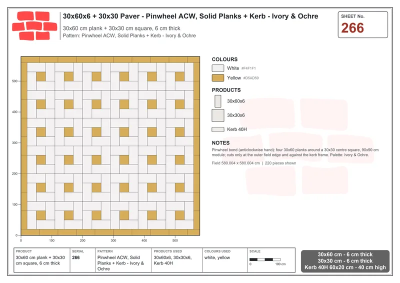 Interlock (Pasco) 30x60 cm · RC36-266 · Pinwheel ACW, Solid Planks + Kerb - Ivory & Ochre · Laying plan Interlock (Pasco) 30x60 cm · RC36-266 · Pinwheel ACW, Solid Planks + Kerb - Ivory & Ochre · Laying plan