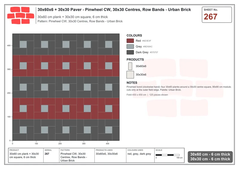 Interlock (Pasco) 30x60 cm · RC36-267 · Pinwheel CW, 30x30 Centres, Row Bands - Urban Brick · Laying plan Interlock (Pasco) 30x60 cm · RC36-267 · Pinwheel CW, 30x30 Centres, Row Bands - Urban Brick · Laying plan