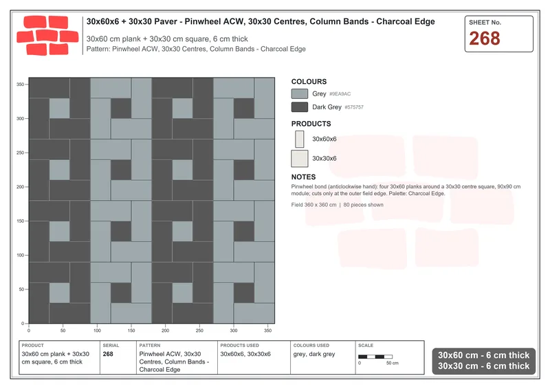 Interlock (Pasco) 30x60 cm · RC36-268 · Pinwheel ACW, 30x30 Centres, Column Bands - Charcoal Edge · Laying plan Interlock (Pasco) 30x60 cm · RC36-268 · Pinwheel ACW, 30x30 Centres, Column Bands - Charcoal Edge · Laying plan