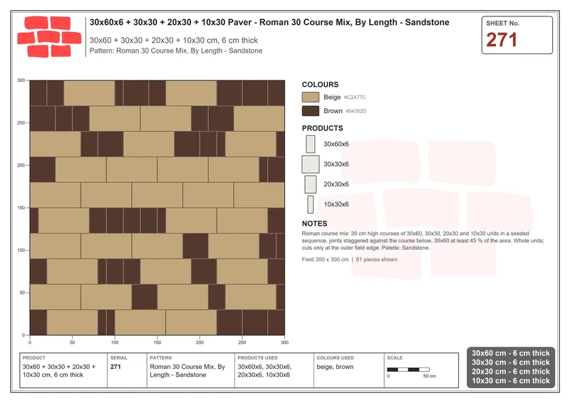Interlock (Pasco) 30x60 cm · RC36-271 · Roman 30 Course Mix, By Length - Sandstone · Laying plan Interlock (Pasco) 30x60 cm · RC36-271 · Roman 30 Course Mix, By Length - Sandstone · Laying plan