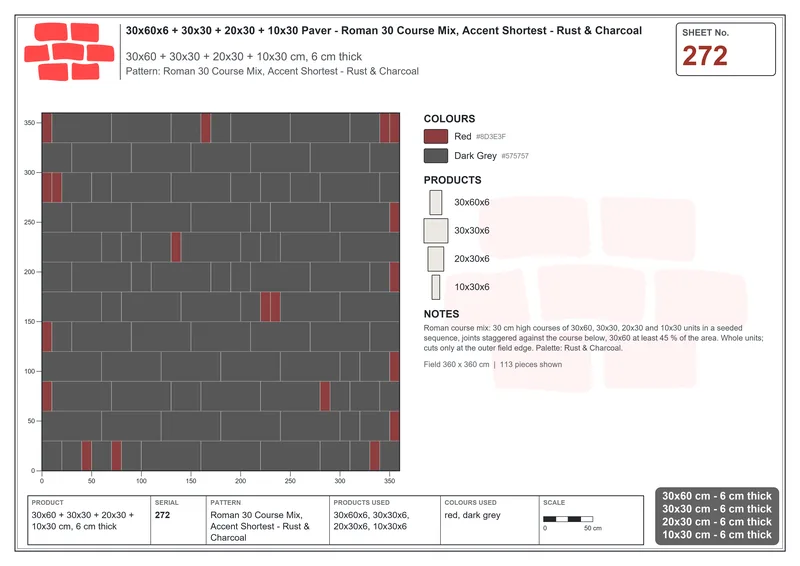 Interlock (Pasco) 30x60 cm · RC36-272 · Roman 30 Course Mix, Accent Shortest - Rust & Charcoal · Laying plan Interlock (Pasco) 30x60 cm · RC36-272 · Roman 30 Course Mix, Accent Shortest - Rust & Charcoal · Laying plan
