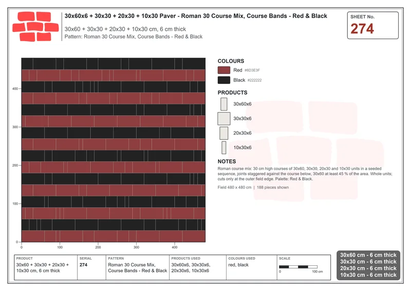 Interlock (Pasco) 30x60 cm · RC36-274 · Roman 30 Course Mix, Course Bands - Red & Black · Laying plan Interlock (Pasco) 30x60 cm · RC36-274 · Roman 30 Course Mix, Course Bands - Red & Black · Laying plan