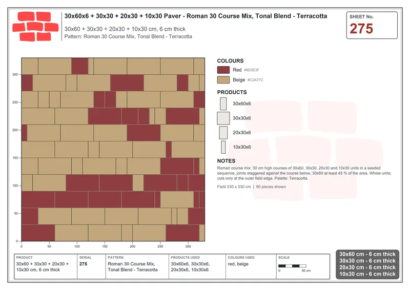 Interlock (Pasco) 30x60 cm · RC36-275 · Roman 30 Course Mix, Tonal Blend - Terracotta · Laying plan Interlock (Pasco) 30x60 cm · RC36-275 · Roman 30 Course Mix, Tonal Blend - Terracotta · Laying plan