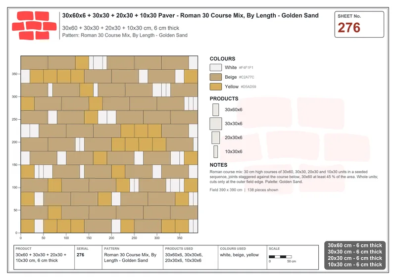 Interlock (Pasco) 30x60 cm · RC36-276 · Roman 30 Course Mix, By Length - Golden Sand · Laying plan Interlock (Pasco) 30x60 cm · RC36-276 · Roman 30 Course Mix, By Length - Golden Sand · Laying plan