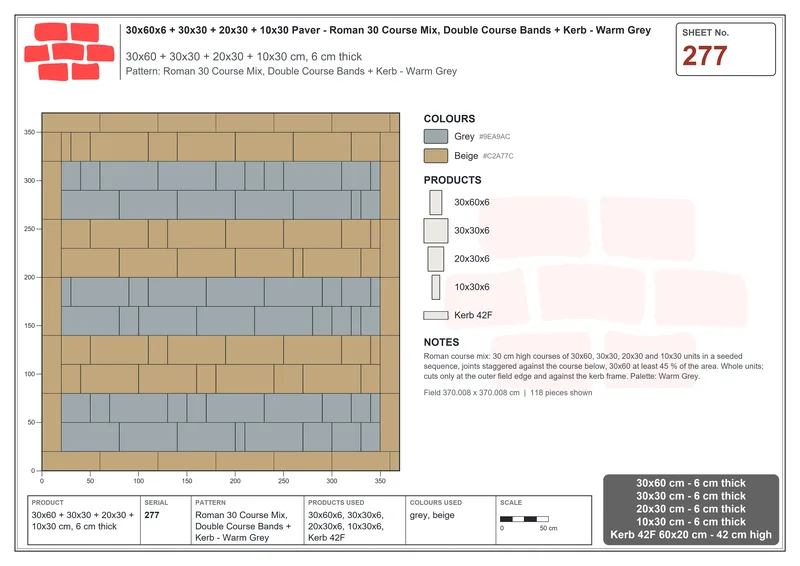 Interlock (Pasco) 30x60 cm · RC36-277 · Roman 30 Course Mix, Double Course Bands + Kerb - Warm Grey · Laying plan Interlock (Pasco) 30x60 cm · RC36-277 · Roman 30 Course Mix, Double Course Bands + Kerb - Warm Grey · Laying plan