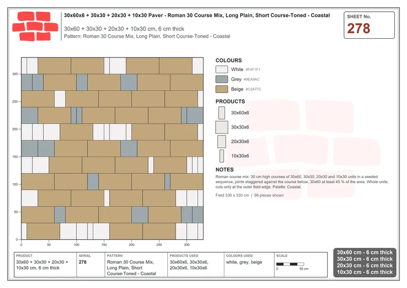 Interlock (Pasco) 30x60 cm · RC36-278 · Roman 30 Course Mix, Long Plain, Short Course-Toned - Coastal · Laying plan Interlock (Pasco) 30x60 cm · RC36-278 · Roman 30 Course Mix, Long Plain, Short Course-Toned - Coastal · Laying plan