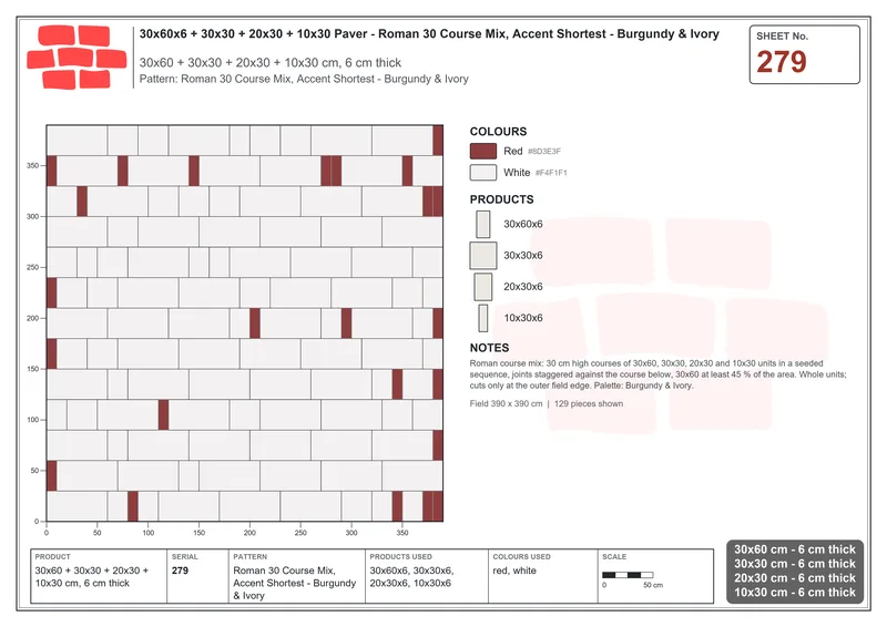 Interlock (Pasco) 30x60 cm · RC36-279 · Roman 30 Course Mix, Accent Shortest - Burgundy & Ivory · Laying plan Interlock (Pasco) 30x60 cm · RC36-279 · Roman 30 Course Mix, Accent Shortest - Burgundy & Ivory · Laying plan