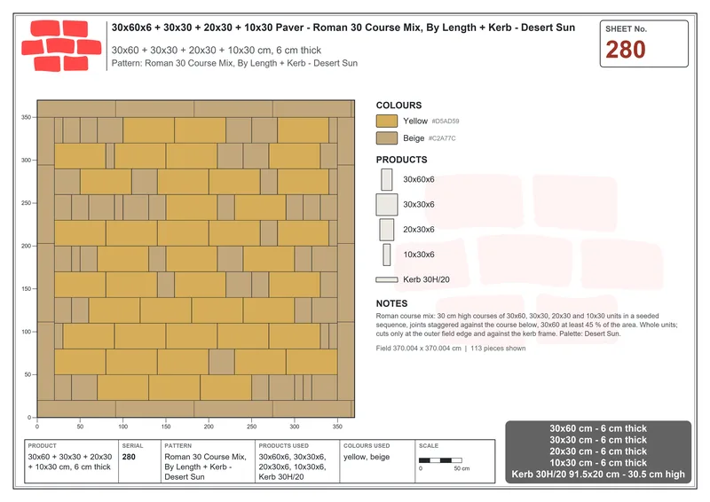 Interlock (Pasco) 30x60 cm · RC36-280 · Roman 30 Course Mix, By Length + Kerb - Desert Sun · Laying plan Interlock (Pasco) 30x60 cm · RC36-280 · Roman 30 Course Mix, By Length + Kerb - Desert Sun · Laying plan