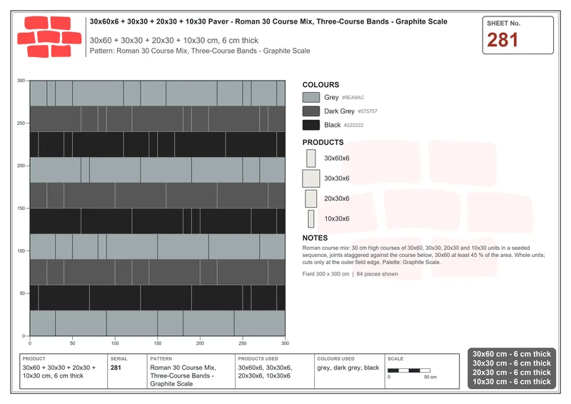 Interlock (Pasco) 30x60 cm · RC36-281 · Roman 30 Course Mix, Three-Course Bands - Graphite Scale · Laying plan Interlock (Pasco) 30x60 cm · RC36-281 · Roman 30 Course Mix, Three-Course Bands - Graphite Scale · Laying plan