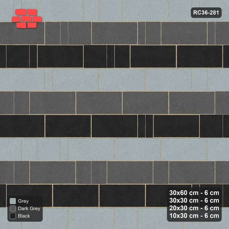 Interlock (Pasco) 30x60 cm · RC36-281 · Roman 30 Course Mix, Three-Course Bands - Graphite Scale · Top view