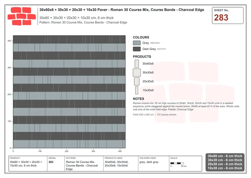 Interlock (Pasco) 30x60 cm · RC36-283 · Roman 30 Course Mix, Course Bands - Charcoal Edge · Laying plan Interlock (Pasco) 30x60 cm · RC36-283 · Roman 30 Course Mix, Course Bands - Charcoal Edge · Laying plan