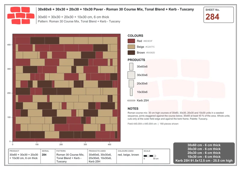 Interlock (Pasco) 30x60 cm · RC36-284 · Roman 30 Course Mix, Tonal Blend + Kerb - Tuscany · Laying plan Interlock (Pasco) 30x60 cm · RC36-284 · Roman 30 Course Mix, Tonal Blend + Kerb - Tuscany · Laying plan
