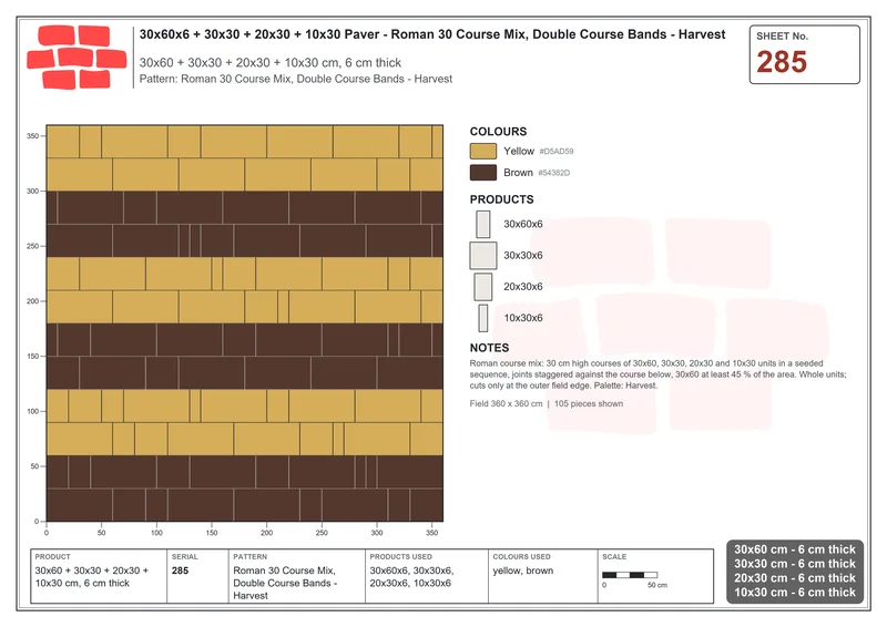 Interlock (Pasco) 30x60 cm · RC36-285 · Roman 30 Course Mix, Double Course Bands - Harvest · Laying plan Interlock (Pasco) 30x60 cm · RC36-285 · Roman 30 Course Mix, Double Course Bands - Harvest · Laying plan