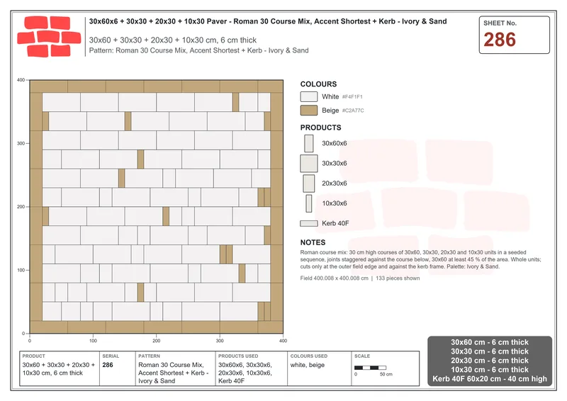 Interlock (Pasco) 30x60 cm · RC36-286 · Roman 30 Course Mix, Accent Shortest + Kerb - Ivory & Sand · Laying plan Interlock (Pasco) 30x60 cm · RC36-286 · Roman 30 Course Mix, Accent Shortest + Kerb - Ivory & Sand · Laying plan
