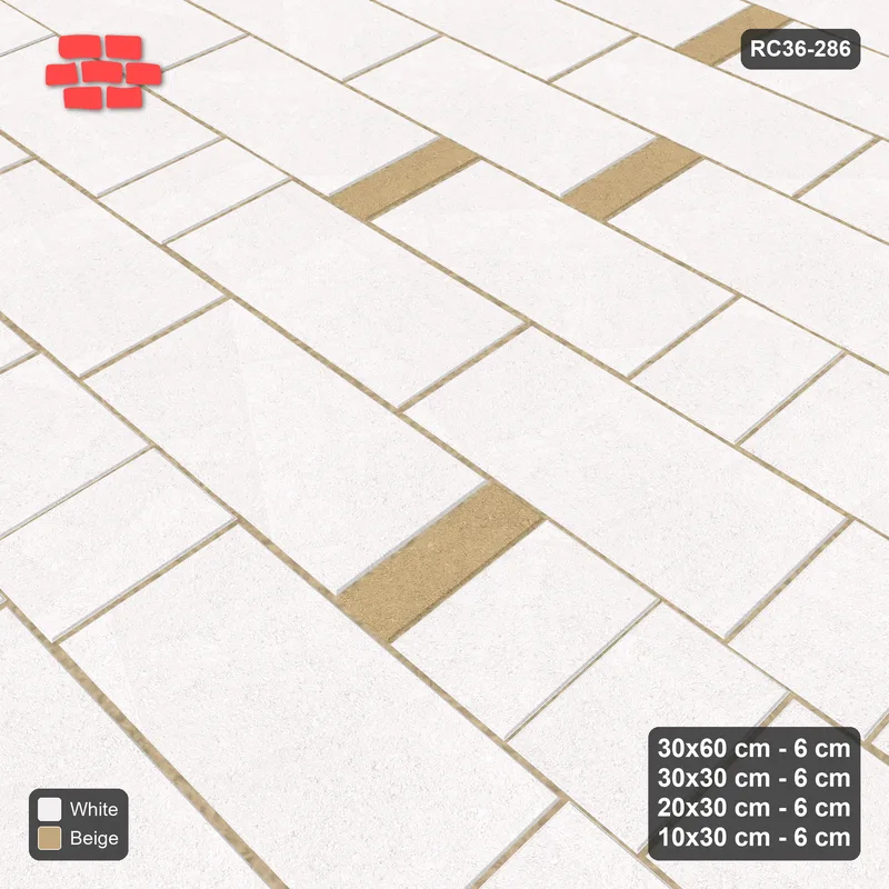 Interlock (Pasco) 30x60 cm · RC36-286 · Roman 30 Course Mix, Accent Shortest + Kerb - Ivory & Sand · Side view