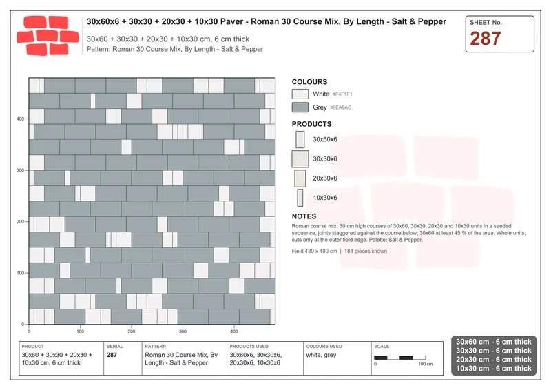 Interlock (Pasco) 30x60 cm · RC36-287 · Roman 30 Course Mix, By Length - Salt & Pepper · Laying plan Interlock (Pasco) 30x60 cm · RC36-287 · Roman 30 Course Mix, By Length - Salt & Pepper · Laying plan