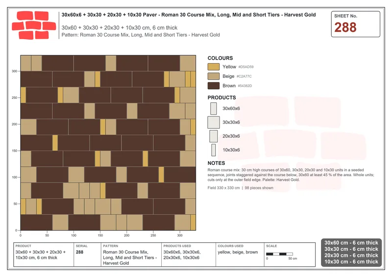 Interlock (Pasco) 30x60 cm · RC36-288 · Roman 30 Course Mix, Long, Mid and Short Tiers - Harvest Gold · Laying plan Interlock (Pasco) 30x60 cm · RC36-288 · Roman 30 Course Mix, Long, Mid and Short Tiers - Harvest Gold · Laying plan