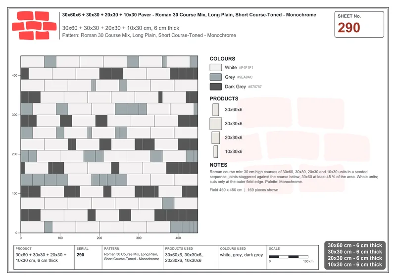Interlock (Pasco) 30x60 cm · RC36-290 · Roman 30 Course Mix, Long Plain, Short Course-Toned - Monochrome · Laying plan Interlock (Pasco) 30x60 cm · RC36-290 · Roman 30 Course Mix, Long Plain, Short Course-Toned - Monochrome · Laying plan