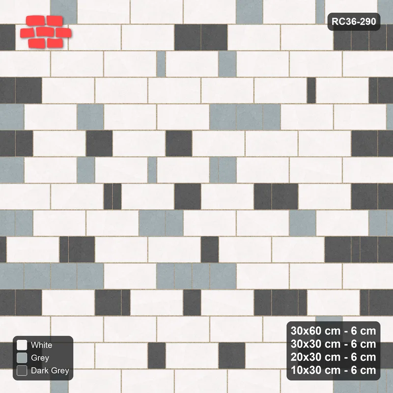 Interlock (Pasco) 30x60 cm · RC36-290 · Roman 30 Course Mix, Long Plain, Short Course-Toned - Monochrome · Top view