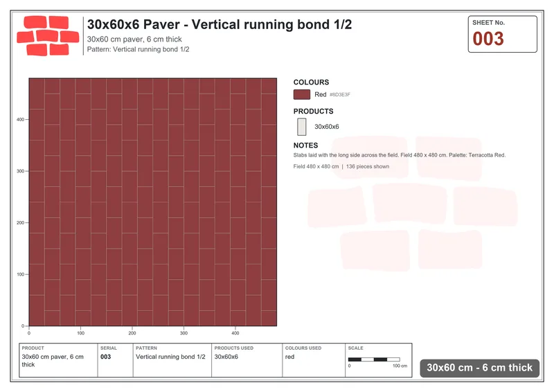 Interlock (Pasco) 30x60 cm · RC36-3 · Vertical running bond 1/2 · Laying plan Interlock (Pasco) 30x60 cm · RC36-3 · Vertical running bond 1/2 · Laying plan