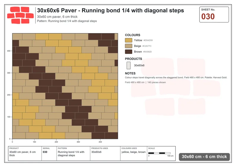 Interlock (Pasco) 30x60 cm · RC36-30 · Running bond 1/4 with diagonal steps · Laying plan Interlock (Pasco) 30x60 cm · RC36-30 · Running bond 1/4 with diagonal steps · Laying plan