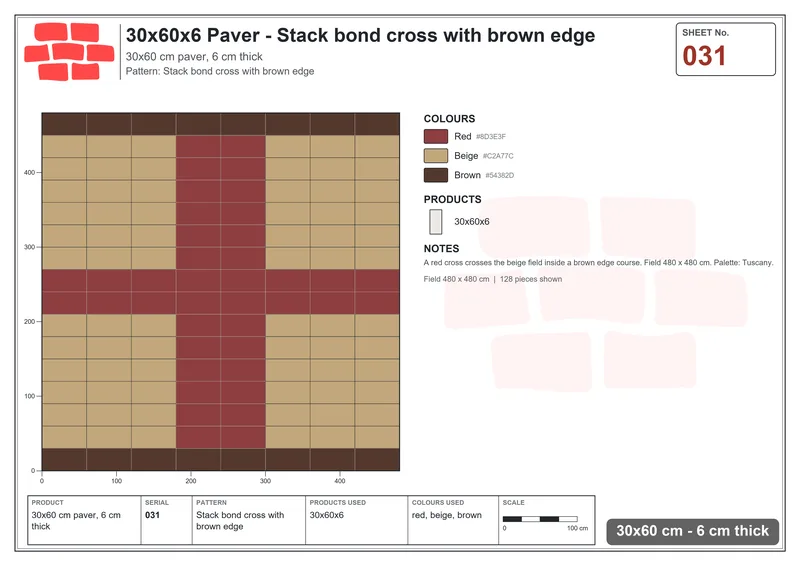 Interlock (Pasco) 30x60 cm · RC36-31 · Stack bond cross with brown edge · Laying plan Interlock (Pasco) 30x60 cm · RC36-31 · Stack bond cross with brown edge · Laying plan