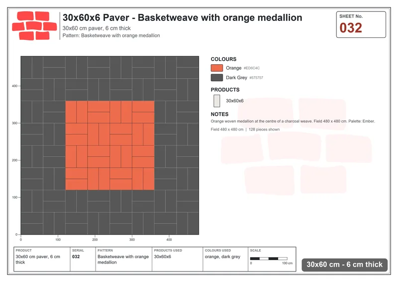 Interlock (Pasco) 30x60 cm · RC36-32 · Basketweave with orange medallion · Laying plan Interlock (Pasco) 30x60 cm · RC36-32 · Basketweave with orange medallion · Laying plan