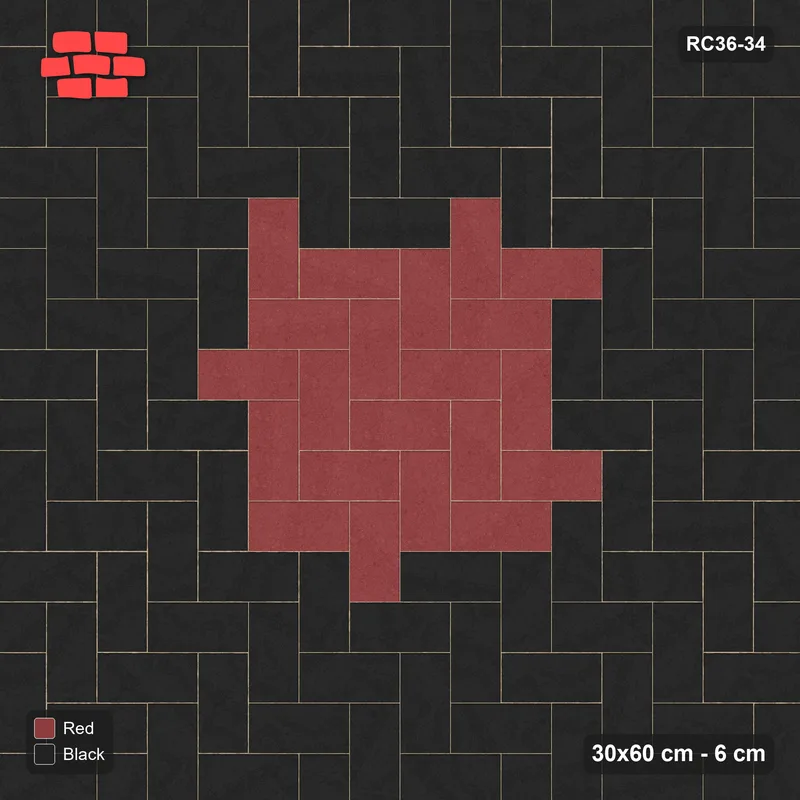 Interlock (Pasco) 30x60 cm · RC36-34 · Herringbone with red centre · Top view