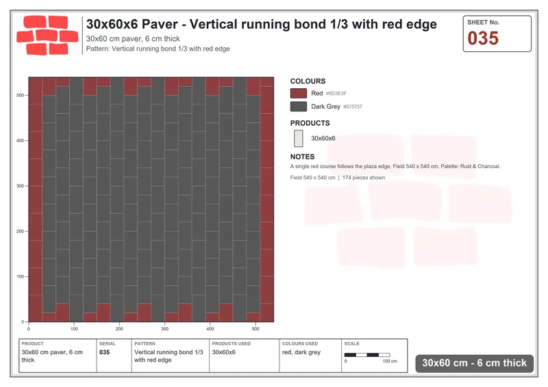 Interlock (Pasco) 30x60 cm · RC36-35 · Vertical running bond 1/3 with red edge · Laying plan Interlock (Pasco) 30x60 cm · RC36-35 · Vertical running bond 1/3 with red edge · Laying plan
