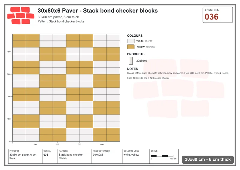 Interlock (Pasco) 30x60 cm · RC36-36 · Stack bond checker blocks · Laying plan Interlock (Pasco) 30x60 cm · RC36-36 · Stack bond checker blocks · Laying plan