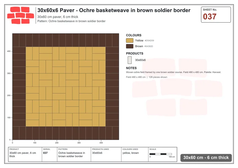 Interlock (Pasco) 30x60 cm · RC36-37 · Ochre basketweave in brown soldier border · Laying plan Interlock (Pasco) 30x60 cm · RC36-37 · Ochre basketweave in brown soldier border · Laying plan