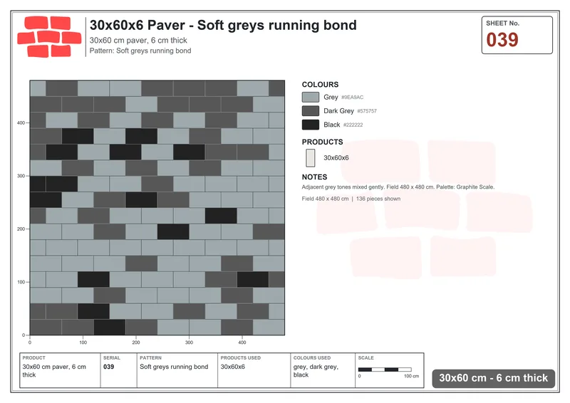 Interlock (Pasco) 30x60 cm · RC36-39 · Soft greys running bond · Laying plan Interlock (Pasco) 30x60 cm · RC36-39 · Soft greys running bond · Laying plan