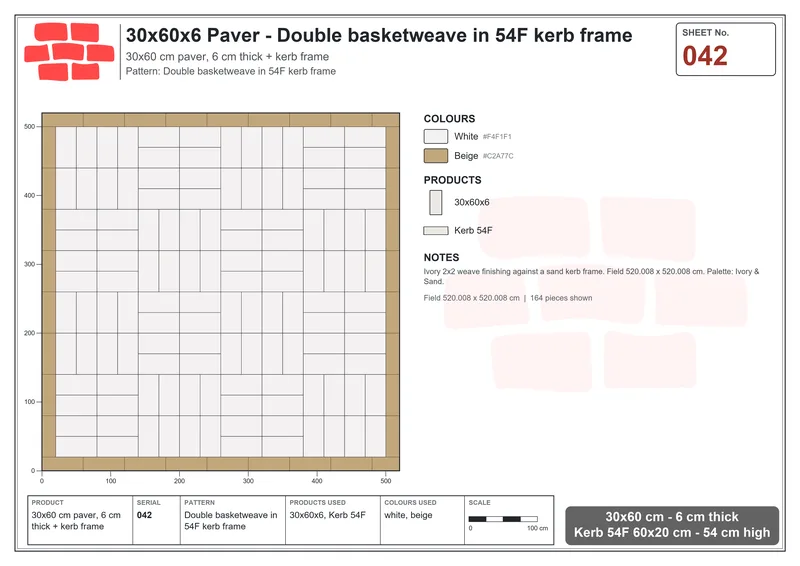 Interlock (Pasco) 30x60 cm · RC36-42 · Double basketweave in 54F kerb frame · Laying plan Interlock (Pasco) 30x60 cm · RC36-42 · Double basketweave in 54F kerb frame · Laying plan
