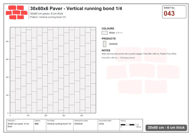 Interlock (Pasco) 30x60 cm · RC36-43 · Vertical running bond 1/4 · Laying plan Interlock (Pasco) 30x60 cm · RC36-43 · Vertical running bond 1/4 · Laying plan