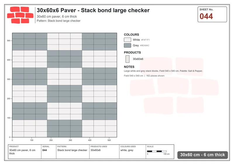 Interlock (Pasco) 30x60 cm · RC36-44 · Stack bond large checker · Laying plan Interlock (Pasco) 30x60 cm · RC36-44 · Stack bond large checker · Laying plan
