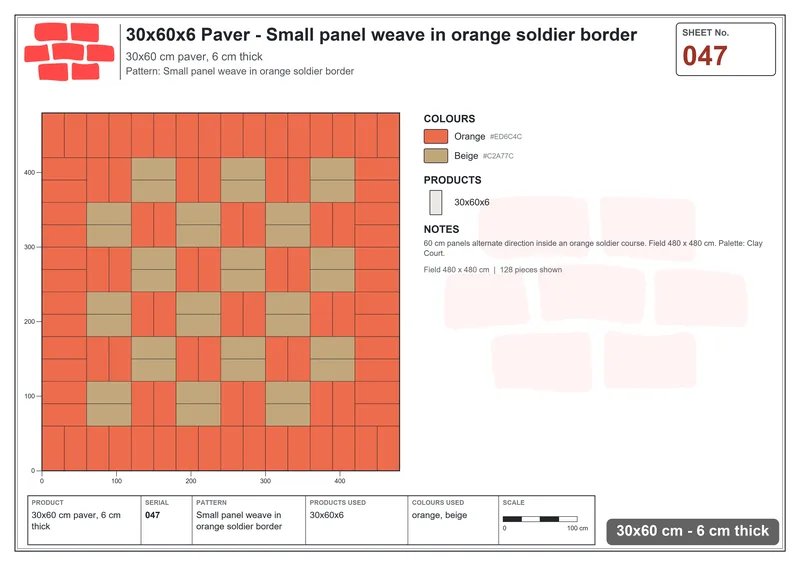 Interlock (Pasco) 30x60 cm · RC36-47 · Small panel weave in orange soldier border · Laying plan Interlock (Pasco) 30x60 cm · RC36-47 · Small panel weave in orange soldier border · Laying plan