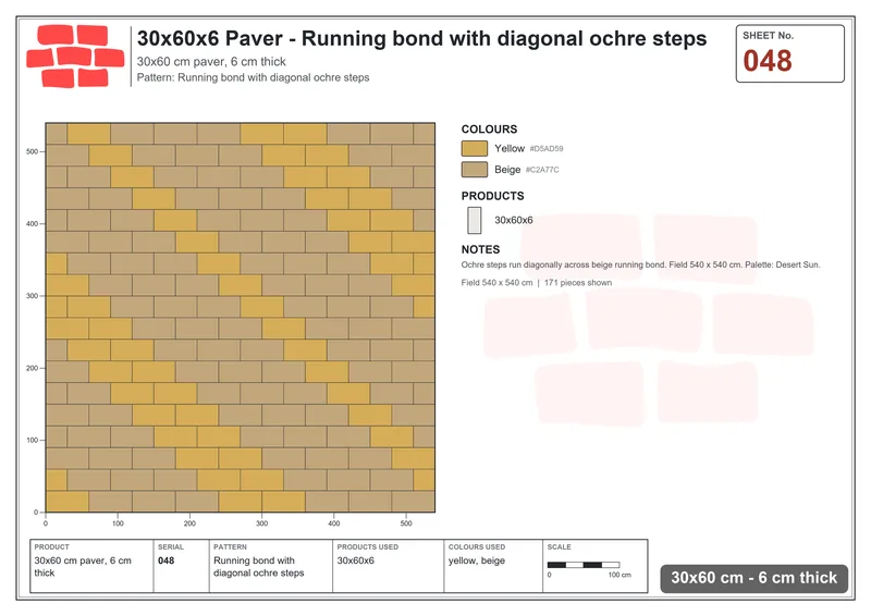 Interlock (Pasco) 30x60 cm · RC36-48 · Running bond with diagonal ochre steps · Laying plan Interlock (Pasco) 30x60 cm · RC36-48 · Running bond with diagonal ochre steps · Laying plan