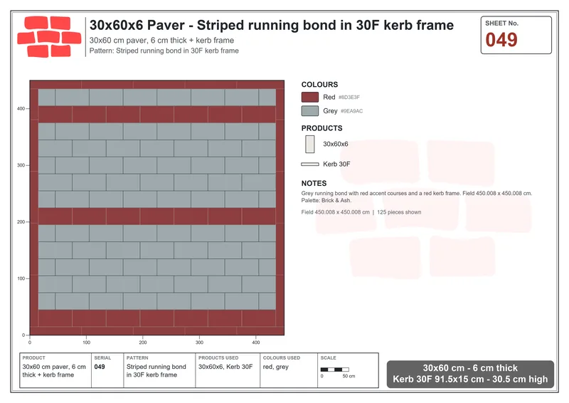 Interlock (Pasco) 30x60 cm · RC36-49 · Striped running bond in 30F kerb frame · Laying plan Interlock (Pasco) 30x60 cm · RC36-49 · Striped running bond in 30F kerb frame · Laying plan