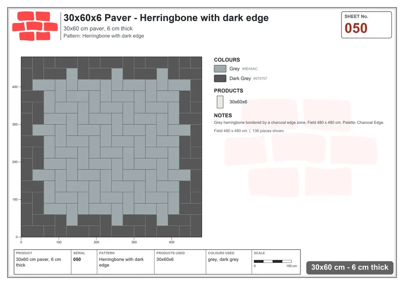 Interlock (Pasco) 30x60 cm · RC36-50 · Herringbone with dark edge · Laying plan Interlock (Pasco) 30x60 cm · RC36-50 · Herringbone with dark edge · Laying plan