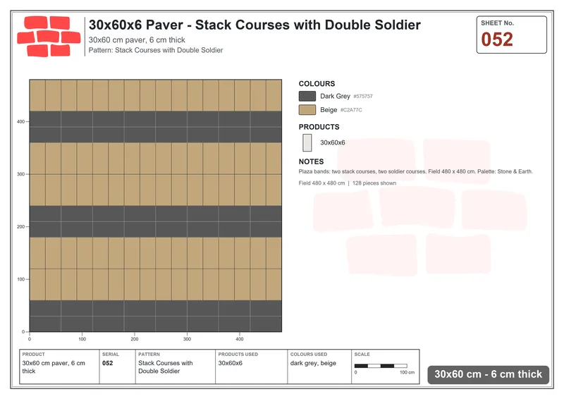 Interlock (Pasco) 30x60 cm · RC36-52 · Stack Courses with Double Soldier · Laying plan Interlock (Pasco) 30x60 cm · RC36-52 · Stack Courses with Double Soldier · Laying plan