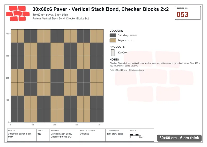 Interlock (Pasco) 30x60 cm · RC36-53 · Vertical Stack Bond, Checker Blocks 2x2 · Laying plan Interlock (Pasco) 30x60 cm · RC36-53 · Vertical Stack Bond, Checker Blocks 2x2 · Laying plan