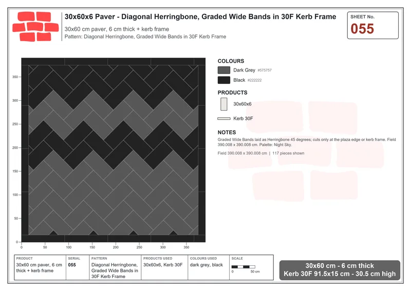 Interlock (Pasco) 30x60 cm · RC36-55 · Diagonal Herringbone, Graded Wide Bands in 30F Kerb Frame · Laying plan Interlock (Pasco) 30x60 cm · RC36-55 · Diagonal Herringbone, Graded Wide Bands in 30F Kerb Frame · Laying plan